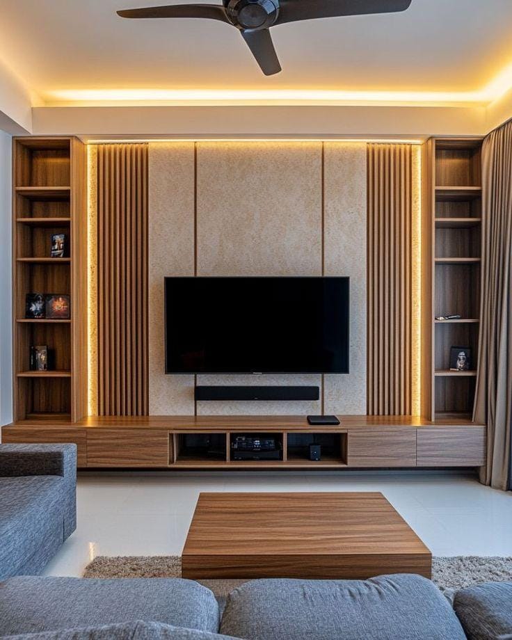 Movable TV place with attached cabinets and glass storage